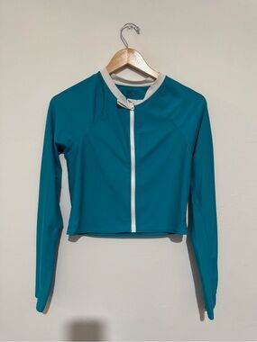 Athleta Girl Rashguard Shirt Girls XXL 16 Blue & White Long Sleeve Swim Top Zips